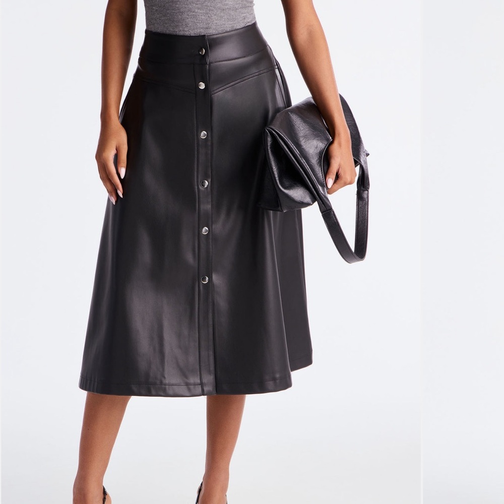 Harper Button-Up Black Faux Leather Midi Skirt